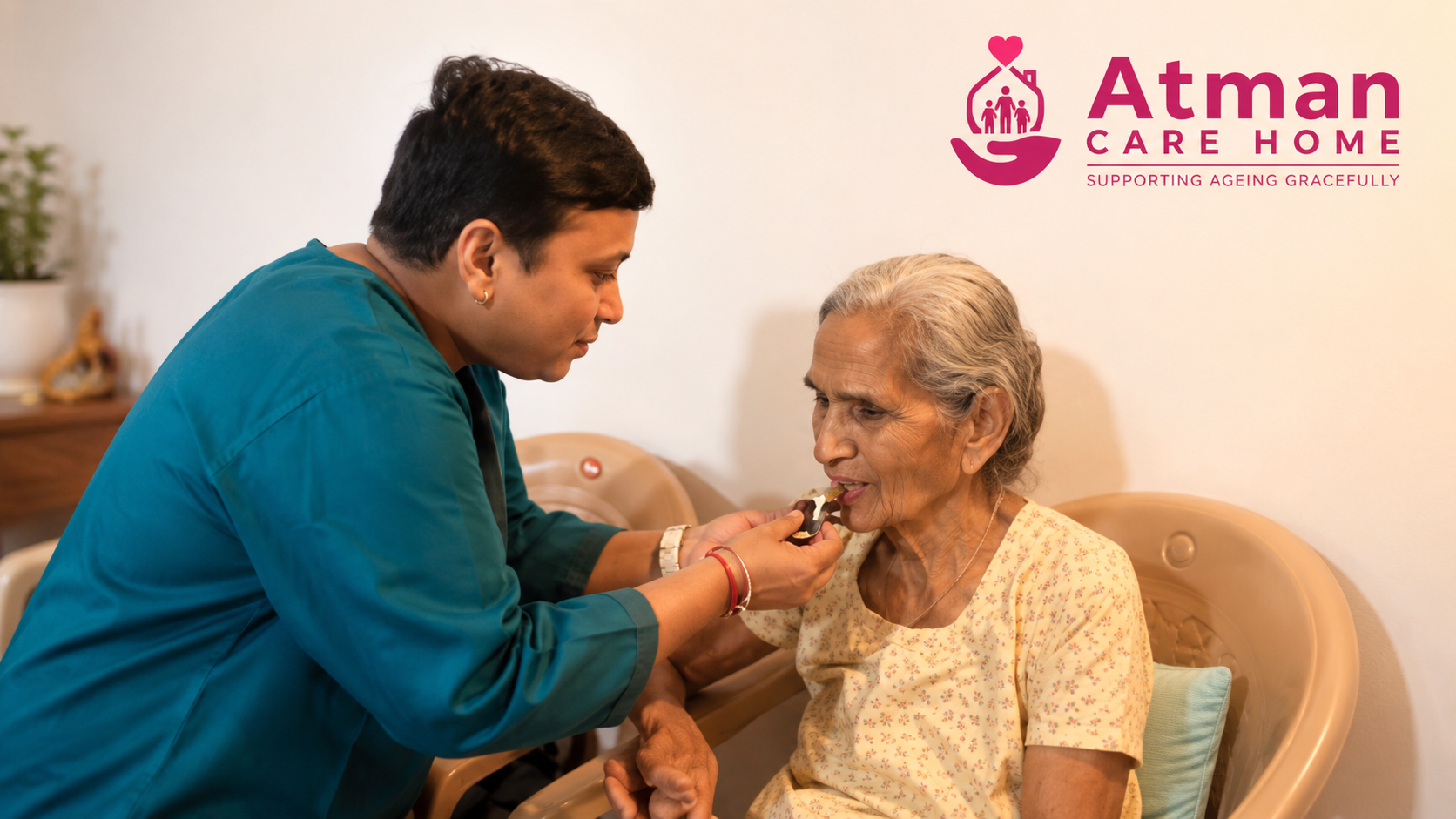 Caregiver feeding an elderly woman