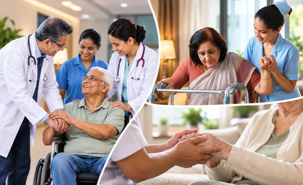 Healthcare workers assisting elderly patients