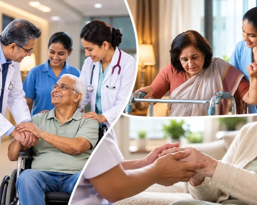Healthcare workers assisting elderly patients